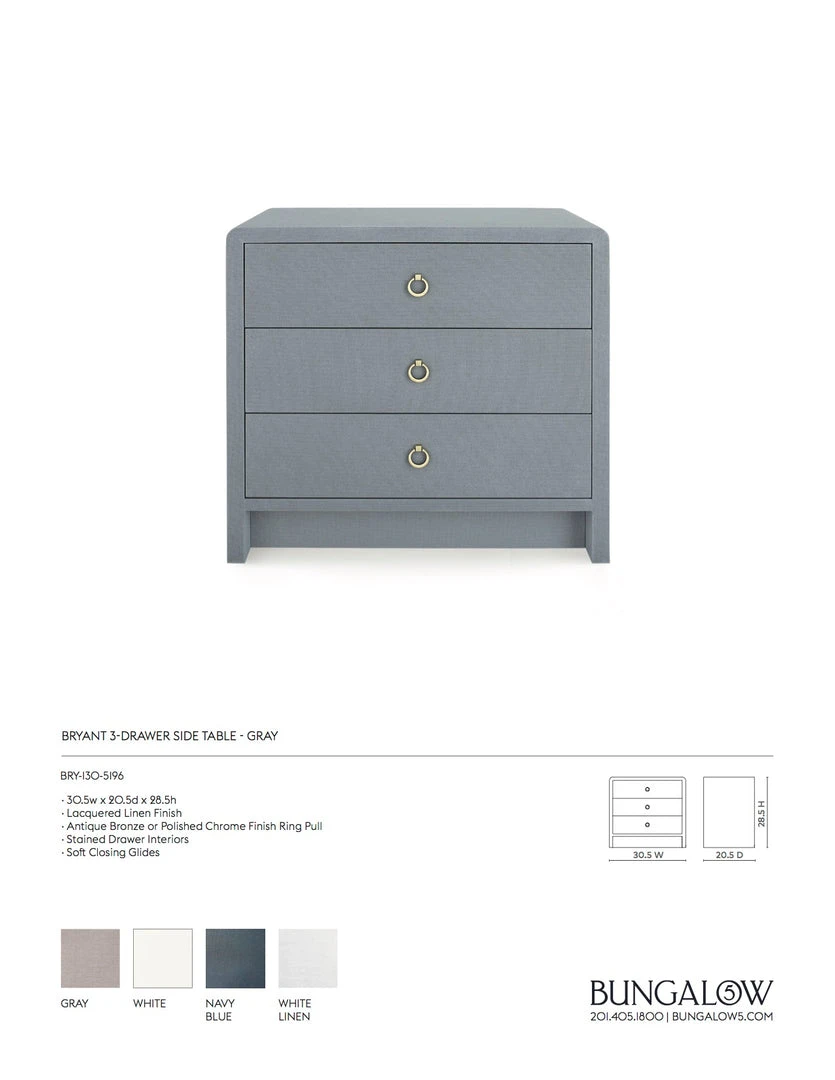 Bungalow 5 Bryant Linen 3 Drawer Side Table Gray New Arrivals 7 Bungalow 5 Bryant Linen 3 Drawer Side Table Gray New Arrivals