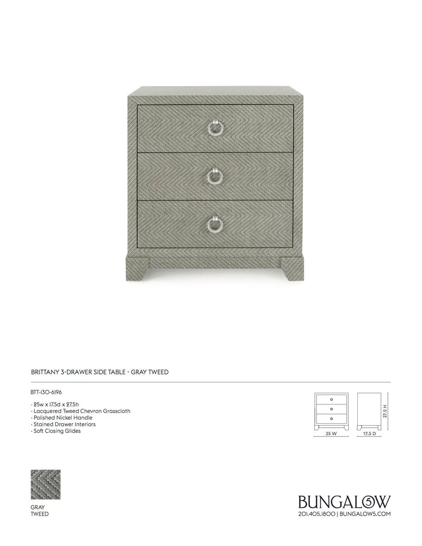 Bungalow 5 Brittany 3 Drawer Side Table Gray Tweed 6 Bungalow 5 Brittany 3 Drawer Side Table Gray Tweed