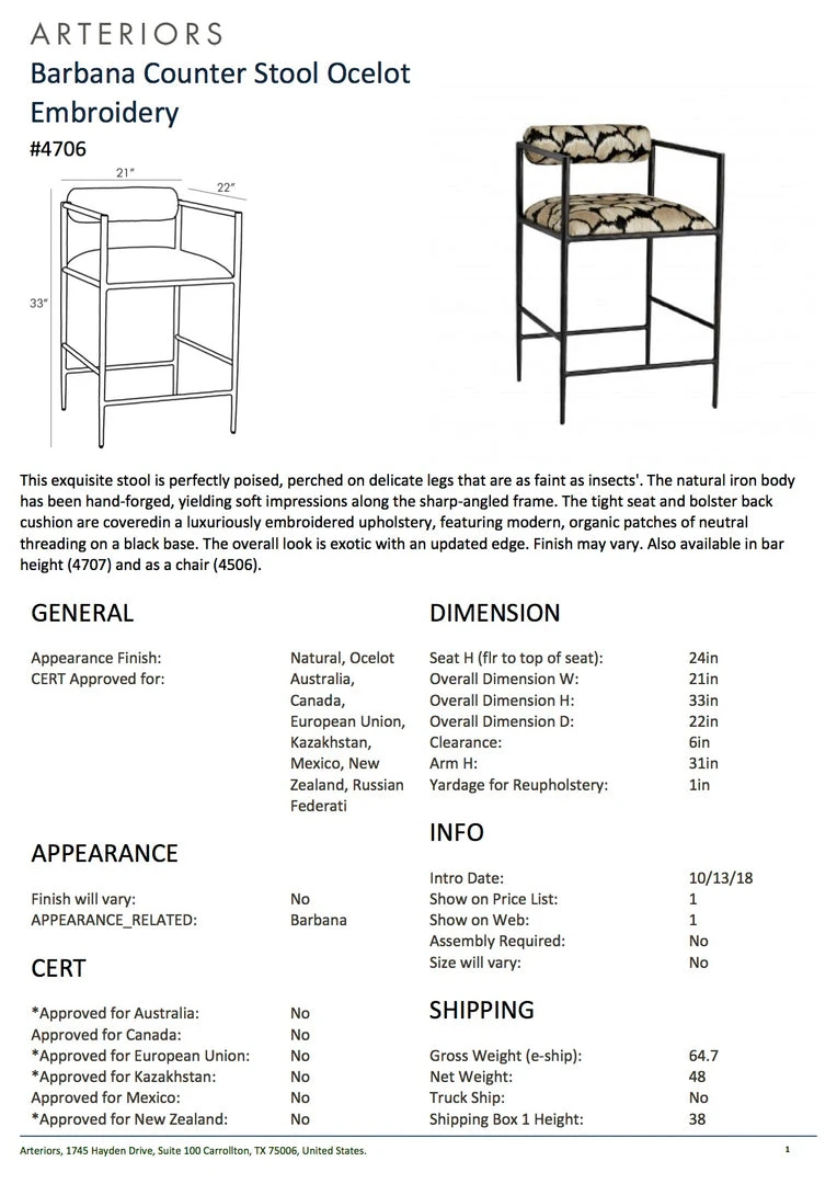 Arteriors Home New Arrivals Barbana Counter Stool Ocelot Embroidery 7 Arteriors Home New Arrivals Barbana Counter Stool Ocelot Embroidery