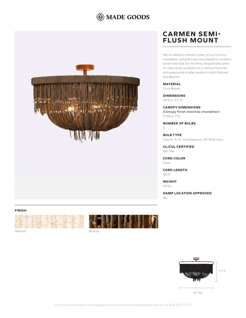 Made Goods New Arrivals Carmen Semi Flush Mount Natural Coco Beads 7 Made Goods New Arrivals Carmen Semi Flush Mount Natural Coco Beads