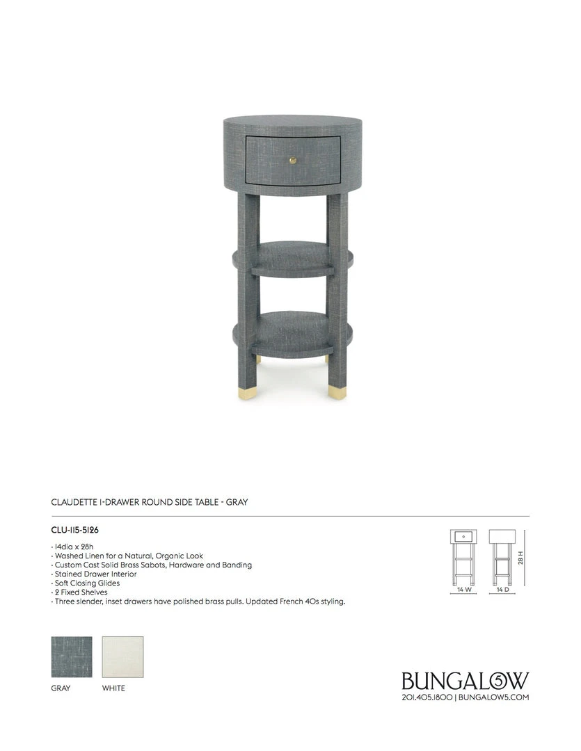 Bungalow 5 New Arrivals Claudette One Drawer Round Side Table Gray 6 Bungalow 5 New Arrivals Claudette One Drawer Round Side Table Gray