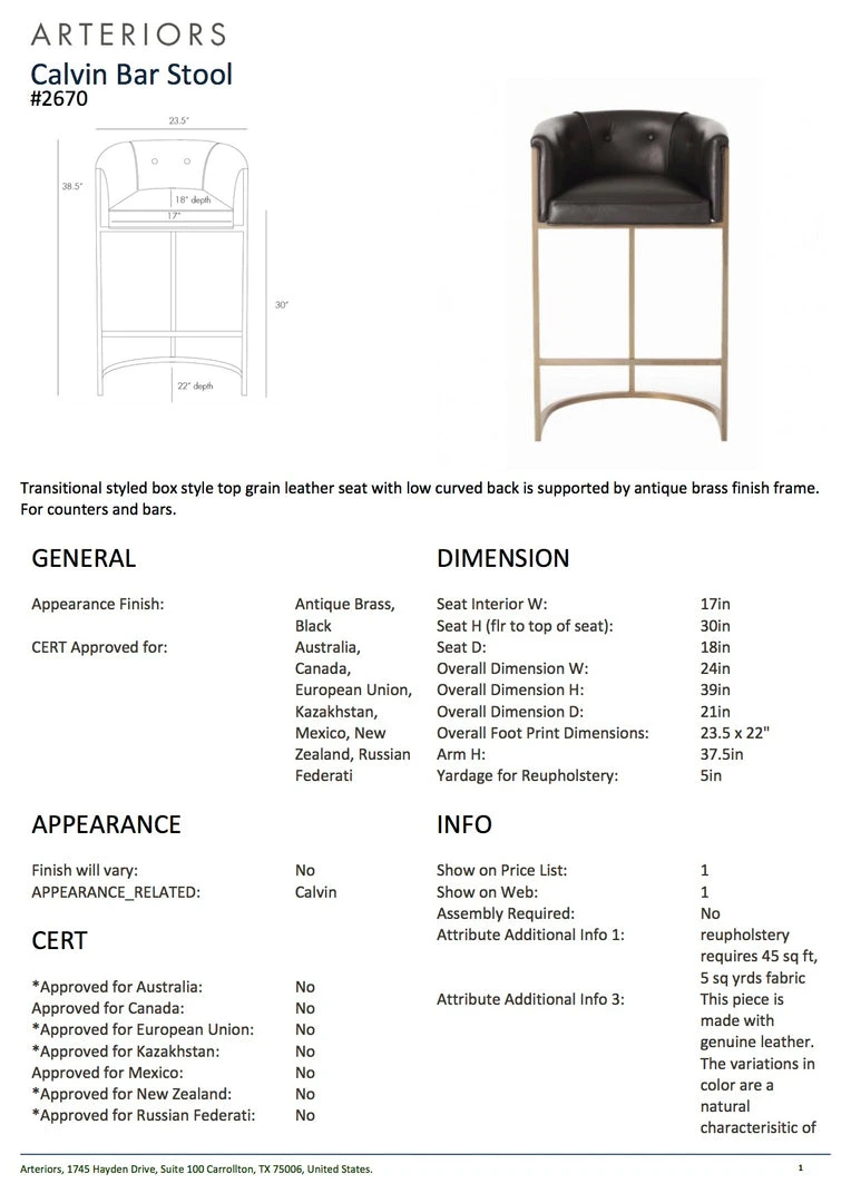 Arteriors Home Calvin Bar Stool Black Leather And Brass 7 Arteriors Home Calvin Bar Stool Black Leather And Brass