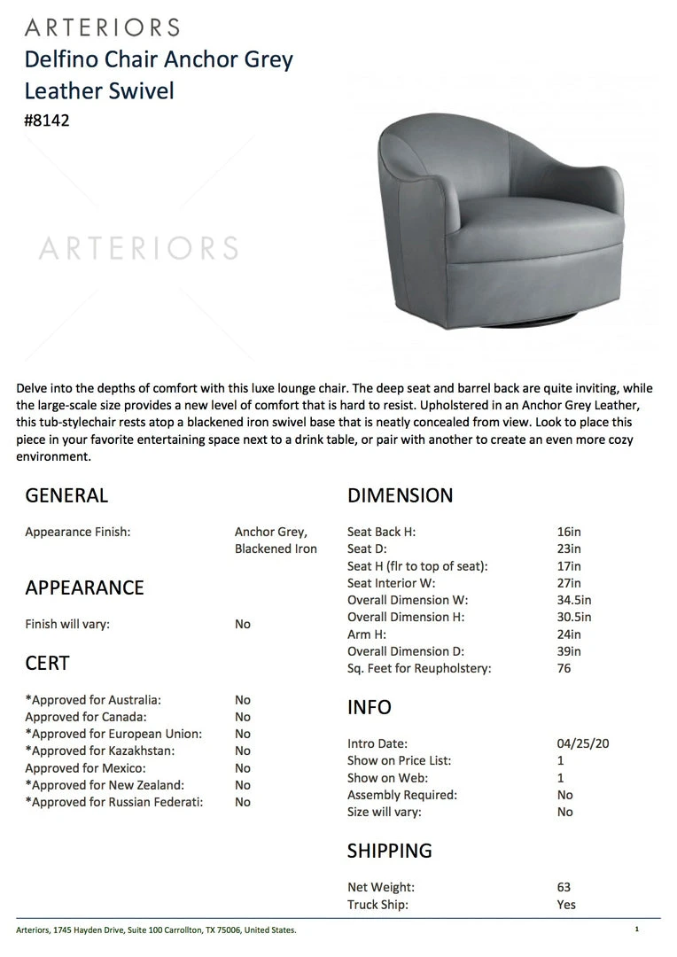 Arteriors Home Delfino Chair Grey Leather Swivel 7 Arteriors Home Delfino Chair Grey Leather Swivel
