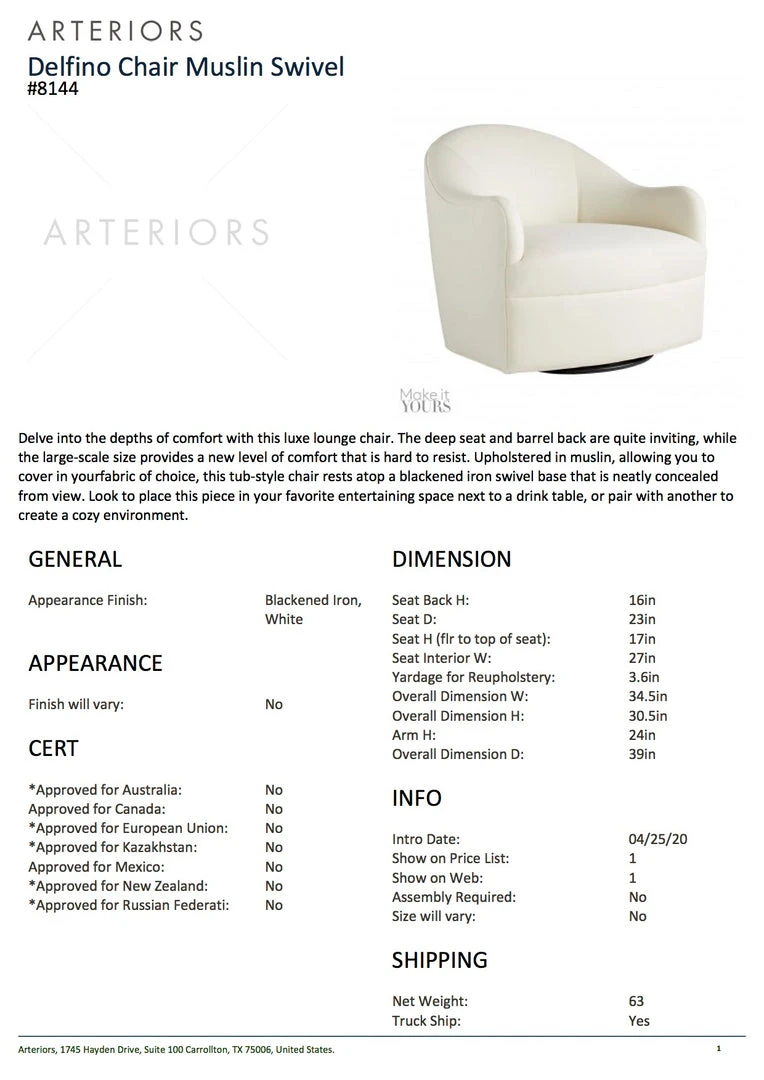 Arteriors Home Delfino Chair Muslin Swivel New Arrivals 7 Arteriors Home Delfino Chair Muslin Swivel New Arrivals