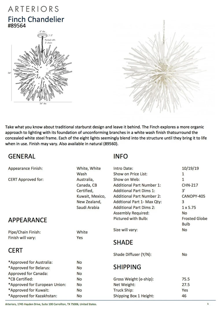 Arteriors Home Finch Chandelier White 7 Arteriors Home Finch Chandelier White