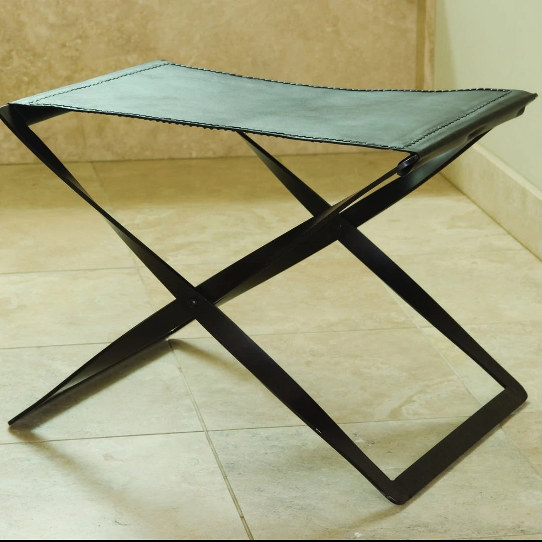 Global Views Folding Stool Iron And Brown Leather 4 Global Views Folding Stool Iron And Brown Leather