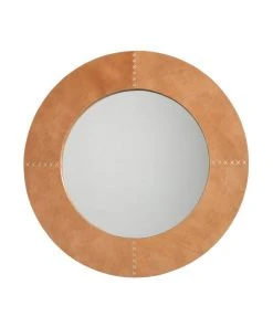 Jamie Young Cross Stitch Round Mirror Buff Leather New Arrivals
