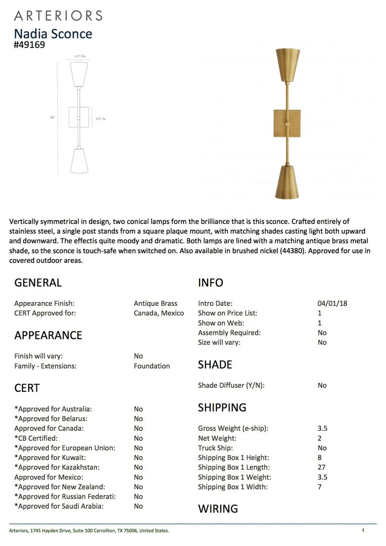 Arteriors Home Nadia Sconce Antique Brass Arteriors Home Nadia Sconce Antique Brass