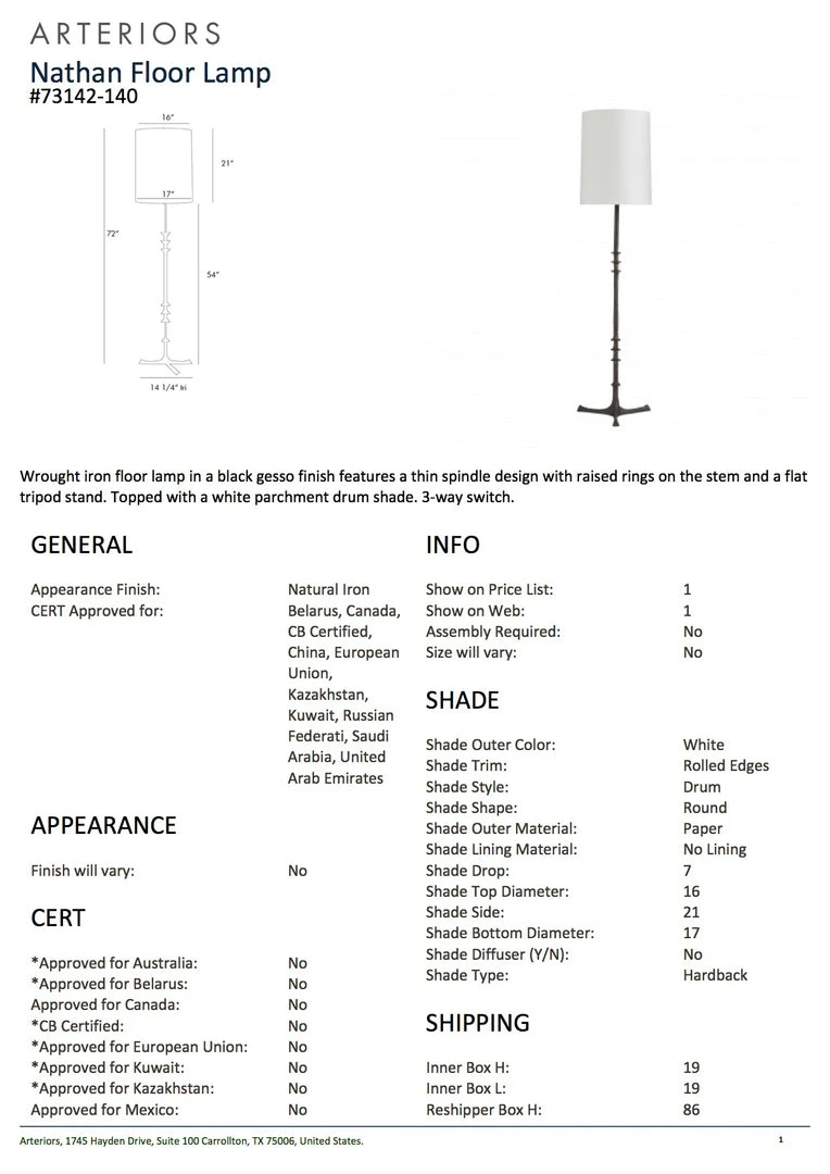 Arteriors Home New Arrivals Nathan Gesso Iron Floor Lamp Black 7 Arteriors Home New Arrivals Nathan Gesso Iron Floor Lamp Black