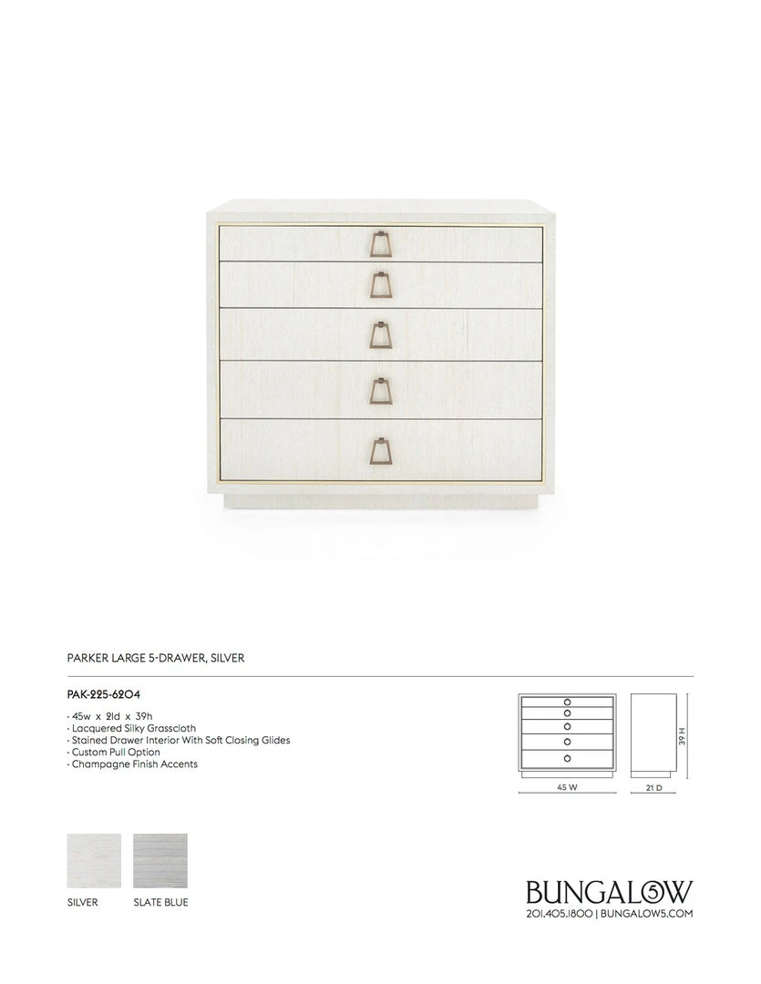 Bungalow 5 New Arrivals Parker Large 5 Drawer Chest Silver Lacquered Grasscloth 6 Bungalow 5 New Arrivals Parker Large 5 Drawer Chest Silver Lacquered Grasscloth