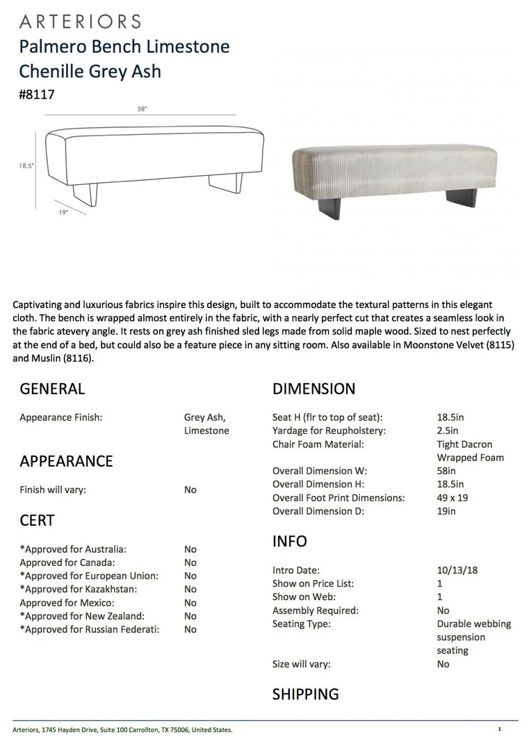 Arteriors Home Palmero Bench Limestone Chenille Grey Ash New Arrivals 7 Arteriors Home Palmero Bench Limestone Chenille Grey Ash New Arrivals