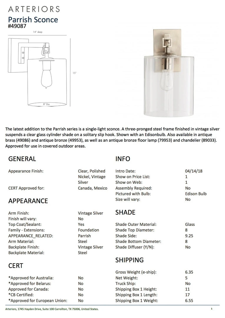 Arteriors Home Parrish Sconce Vintage Silver 6 Arteriors Home Parrish Sconce Vintage Silver