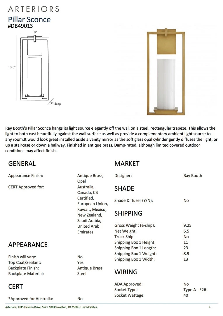 Arteriors Home New Arrivals Pillar Sconce Antique Brass 7 Arteriors Home New Arrivals Pillar Sconce Antique Brass