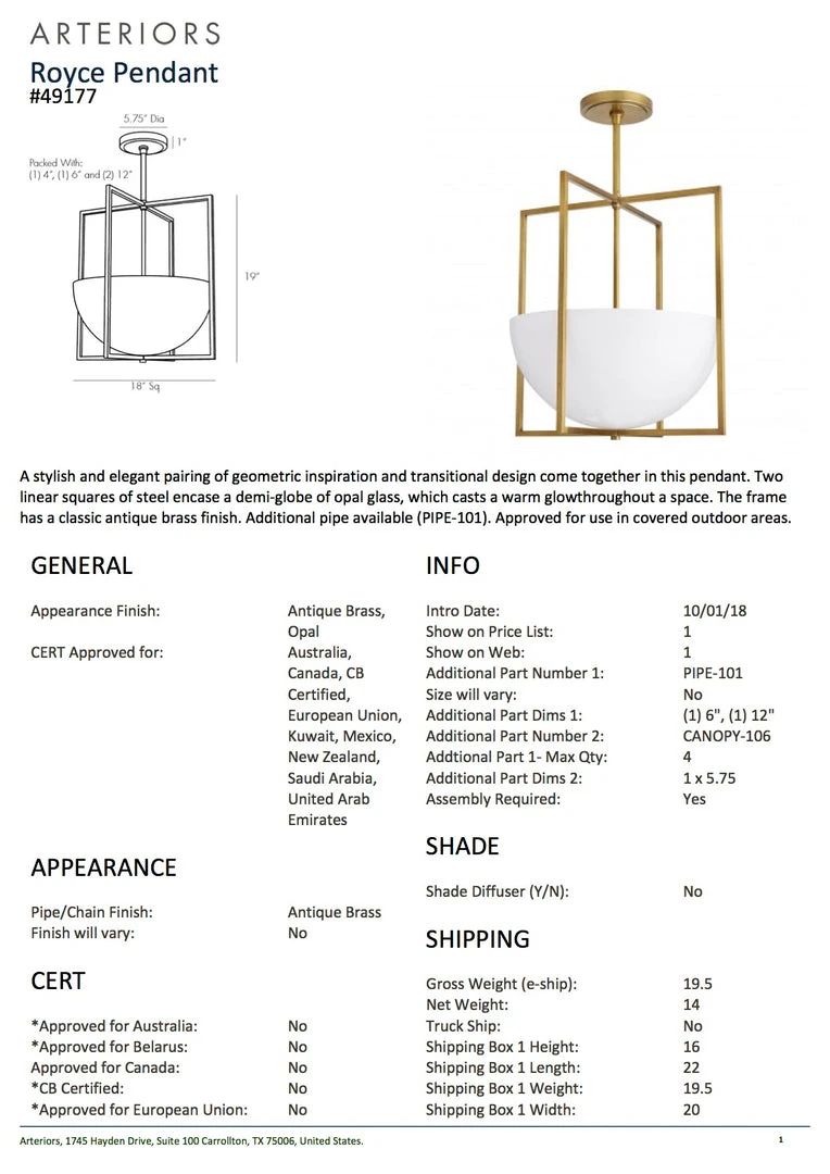 Arteriors Home New Arrivals Royce Pendant Antique Brass 7 Arteriors Home New Arrivals Royce Pendant Antique Brass