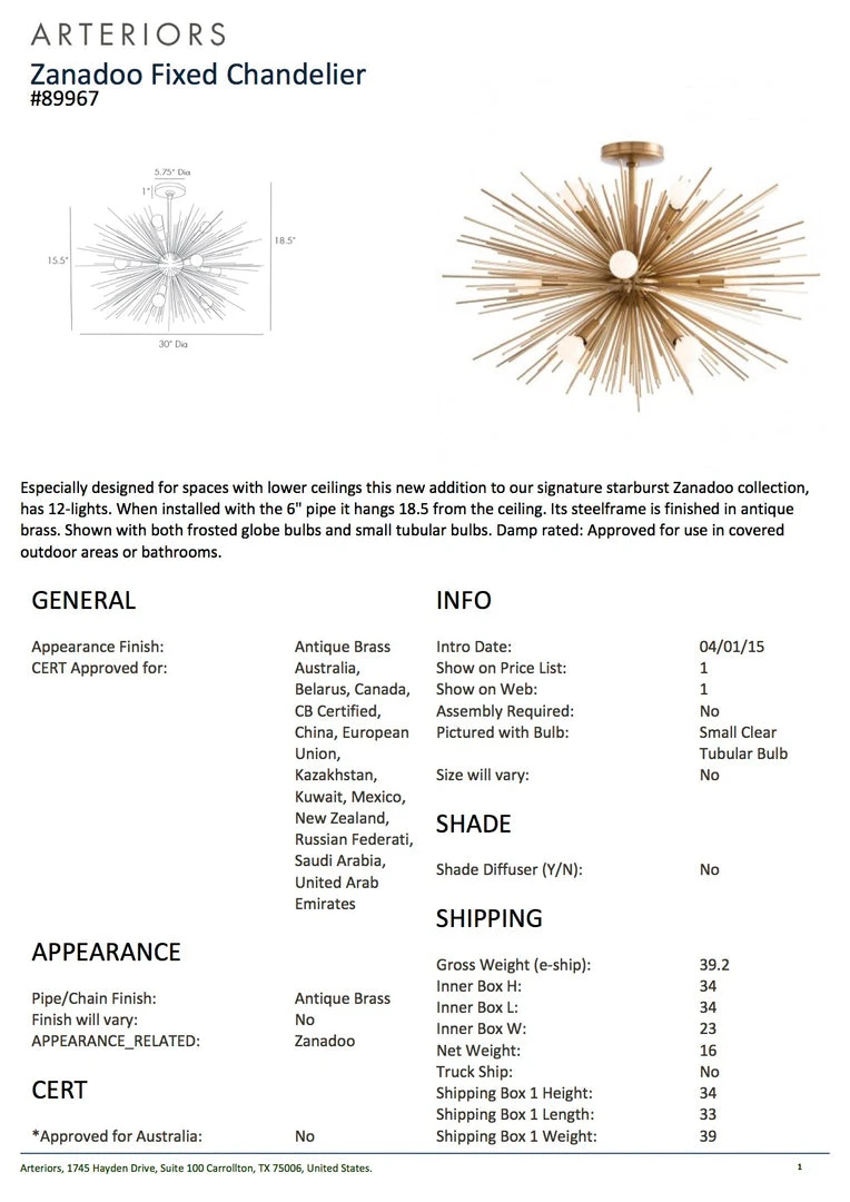 Arteriors Home Zanadoo Fixed Chandelier Antique Brass 8 Arteriors Home Zanadoo Fixed Chandelier Antique Brass