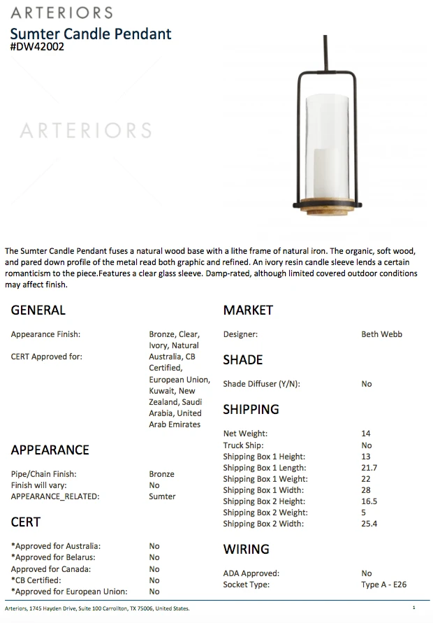 Arteriors Home Sumter Candle Pendant 12 Arteriors Home Sumter Candle Pendant