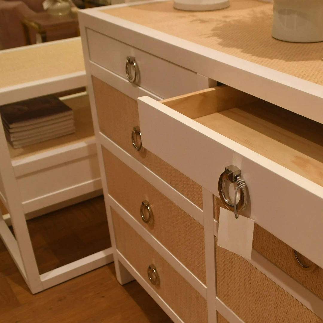 Bungalow 5 New Arrivals Mallet 8 Drawer Dresser Grasscloth And White Lacquer 11 Bungalow 5 New Arrivals Mallet 8 Drawer Dresser Grasscloth And White Lacquer