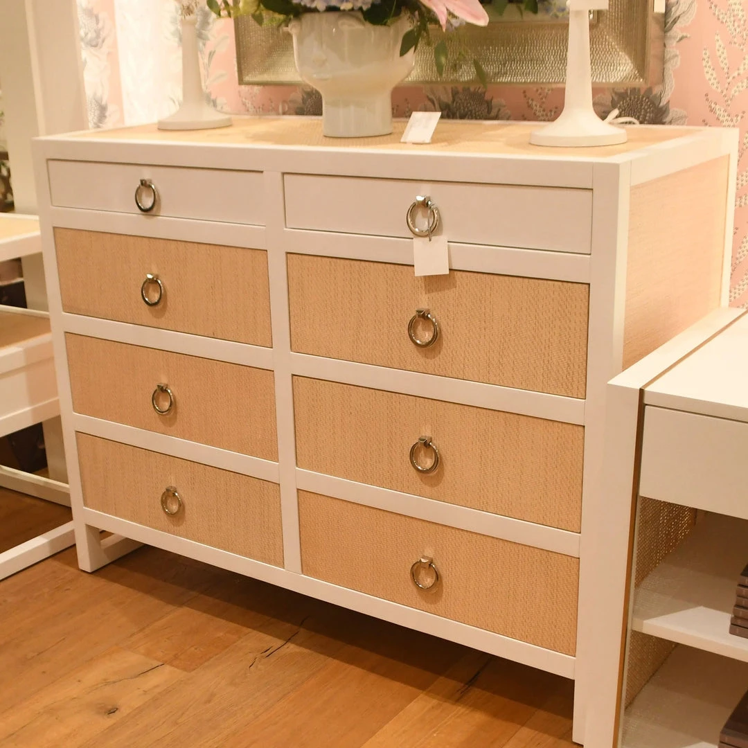 Bungalow 5 New Arrivals Mallet 8 Drawer Dresser Grasscloth And White Lacquer 4 Bungalow 5 New Arrivals Mallet 8 Drawer Dresser Grasscloth And White Lacquer