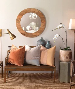 Jamie Young Cross Stitch Round Mirror Buff Leather New Arrivals