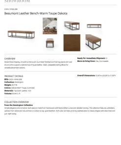 Four Hands Beaumont Bench Warm Taupe Dakota Leather