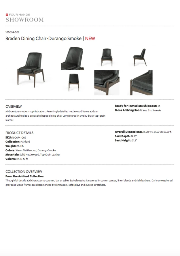 Four Hands Braden Dining Chair Durango Smoke Leather Four Hands Braden Dining Chair Durango Smoke Leather