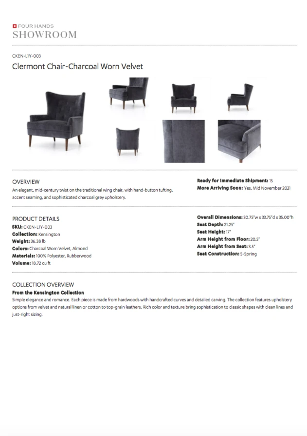 Four Hands Clermont Chair Charcoal Worn Velvet New Arrivals 10 Four Hands Clermont Chair Charcoal Worn Velvet New Arrivals