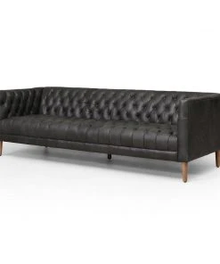 Four Hands Williams Extra Long Leather Sofa Washed Ebony