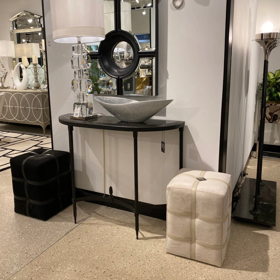 Global Views Belted Pouf Ivory Hair On Hide Global Views Belted Pouf Ivory Hair On Hide