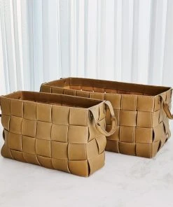 Global Views Soft Woven Leather Baskets Putty Set Of Two