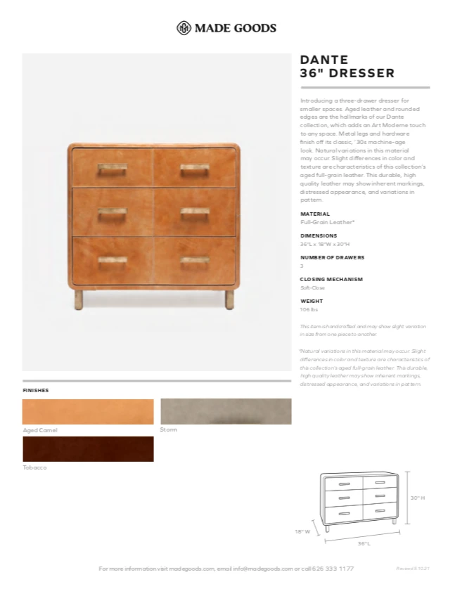 Made Goods New Arrivals Dante 36" Dresser Tobacco Leather 5 Made Goods New Arrivals Dante 36" Dresser Tobacco Leather