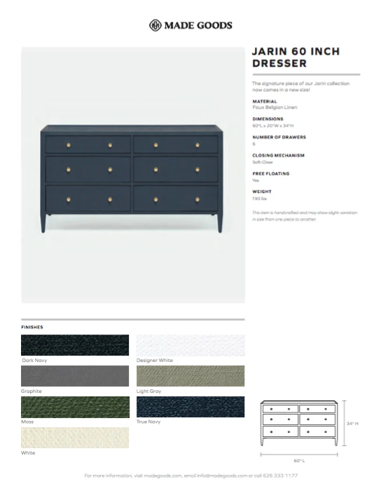 Made Goods Jarin 60" Dresser Graphite Faux Belgian Linen New Arrivals 4 Made Goods Jarin 60" Dresser Graphite Faux Belgian Linen New Arrivals